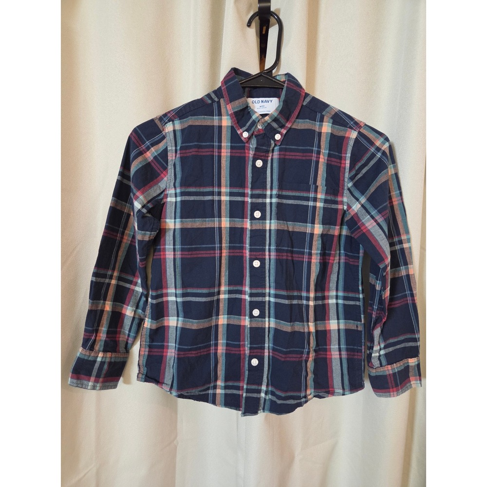 Old Navy Kids Boys Navy Blue Plaid Built-In Flex Button Down Shirt Size M 8